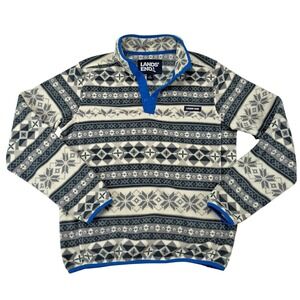 Lands End Mens S Gray Blue‎ Fair Isle Snowflake Fleece Snap Neck Pullover 515235